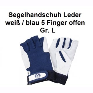 Segelhandschuh Leder weiß/blau 5 -Finger offen  L
